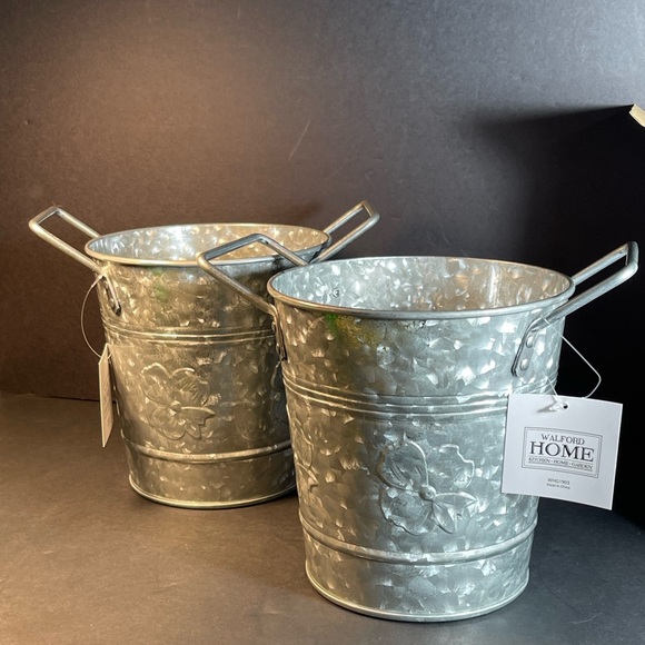WH Walford Home Décor - Galvanized Metal Flower Pot Planters with Handles T56 - Picture 4 of 12